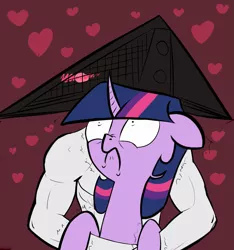 Size: 1181x1262 | Tagged: safe, derpibooru import, twilight sparkle, human, pony, derpin daily, blushing, crossover, floppy ears, frown, heart, holding a pony, hug, konami, nose wrinkle, pyramid head, scared, shivering, silent hill, snuggling, wide eyes