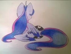 Size: 1929x1456 | Tagged: artist:cutepencilcase, both cutie marks, derpibooru import, princess luna, rear view, safe, side, solo, traditional art