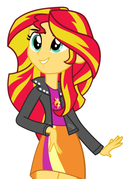 Size: 2992x4231 | Tagged: safe, artist:victoriathekitty, derpibooru import, sunset shimmer, equestria girls, absurd resolution, clothes, leather jacket, simple background, skirt, smiling, solo, transparent background, vector