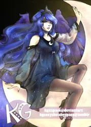 Size: 1071x1500 | Tagged: artist:kgxspace, clothes, derpibooru import, dress, human, humanized, moon, nail polish, princess luna, safe, solo, tangible heavenly object