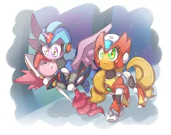 Size: 1882x1482 | Tagged: safe, artist:thegreatrouge, derpibooru import, applejack, pinkie pie, twilight sparkle, twilight sparkle (alicorn), alicorn, pony, axl, crossover, female, mare, megaman, megaman x, zero