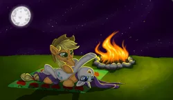 Size: 2732x1588 | Tagged: safe, artist:bananasplitzel, derpibooru import, applejack, rarity, blanket, campfire, cuddling, female, grass field, lesbian, moon, night, on back, prone, rarijack, shipping, snuggling, stars