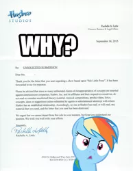 Size: 600x774 | Tagged: derpibooru import, drama, hasbro, image macro, lettergate, lucifer hasbro, meme, obligatory pony, rachelle a. little, rainbow dash, safe, text