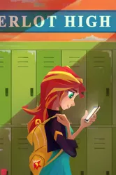 Size: 1155x1735 | Tagged: safe, artist:ajvl, derpibooru import, sunset shimmer, equestria girls, backpack, human coloration, lockers, mobile phone, phone, solo