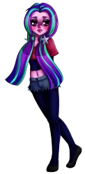 Size: 627x1280 | Tagged: safe, artist:kilanio, derpibooru import, aria blaze, equestria girls, alternate costumes, alternate hairstyle, arm behind back, belly button, clothes, cute, looking at you, midriff, shoes, short jeans, short shirt, shorts, simple background, solo, transparent background