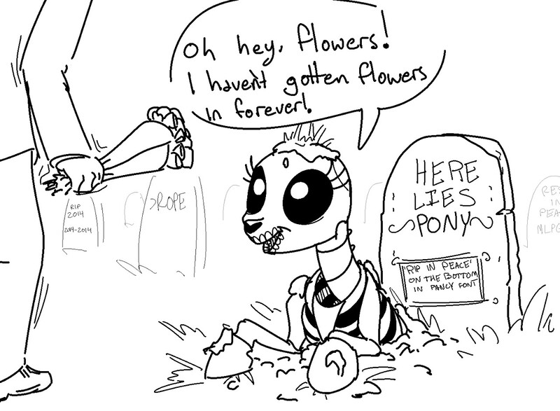 Size: 1280x939 | Tagged: artist:nobody, cemetery, derpibooru import, dialogue, epitaph, flower, grave, gravestone, human, monochrome, necromancy, oc, oc:anon, safe, skeleton, skeleton pony, undead, unofficial characters only