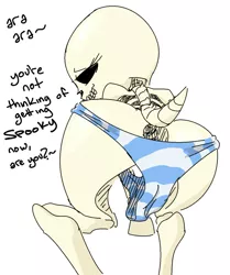 Size: 1069x1280 | Tagged: artist:nobody, blue underwear, clothes, derpibooru import, dialogue, dock, female, inanimate tf, no exceptions, panties, panties around legs, panties pulled down, pantified, presenting, skeleton, skeleton pony, solo, solo female, spooky, spoopy, striped underwear, suggestive, transformation, underwear, wat