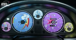 Size: 980x521 | Tagged: background pony applejack, car, cutie mark, dashboard, derpibooru import, fluttershy, pinkie pie, rainbow dash, rarity, safe, speedometer, twilight sparkle
