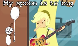 Size: 833x500 | Tagged: safe, derpibooru import, applejack, equestria girls, rainbow rocks, banana, banana suit, don hertzfeldt, grammar error, image macro, meme, my spoon is too big, rejected