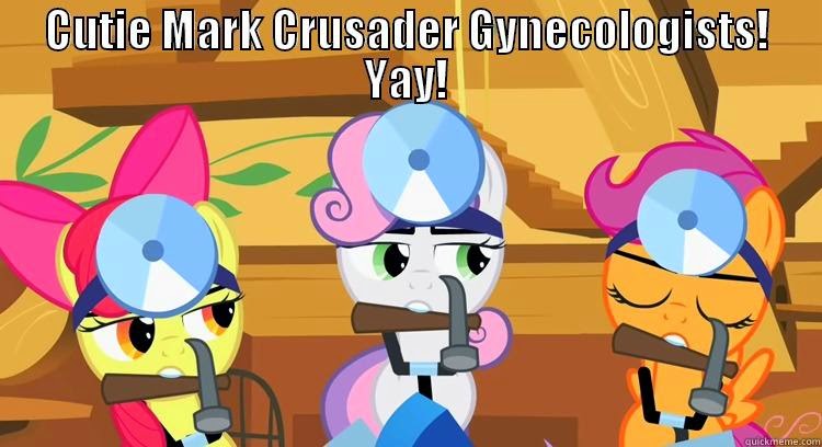 Size: 750x408 | Tagged: safe, derpibooru import, apple bloom, scootaloo, sweetie belle, earth pony, pegasus, pony, unicorn, cutie mark crusaders, eyes closed, female, filly, hammer, head mirror, image macro, meme, mouth hold, stethoscope, this will end in tears and/or death and/or covered in tree sap, trio, yay