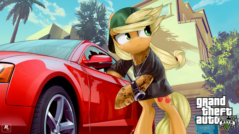 Size: 1920x1080 | Tagged: safe, artist:supermare, derpibooru import, applejack, earth pony, pony, car, clothes, crossover, female, grand theft auto, gta v, hat, lamar davis, mare, shirt, solo, tattoo, wallpaper, watch