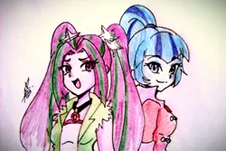 Size: 540x360 | Tagged: safe, artist:aizy-boy, derpibooru import, aria blaze, sonata dusk, equestria girls, traditional art