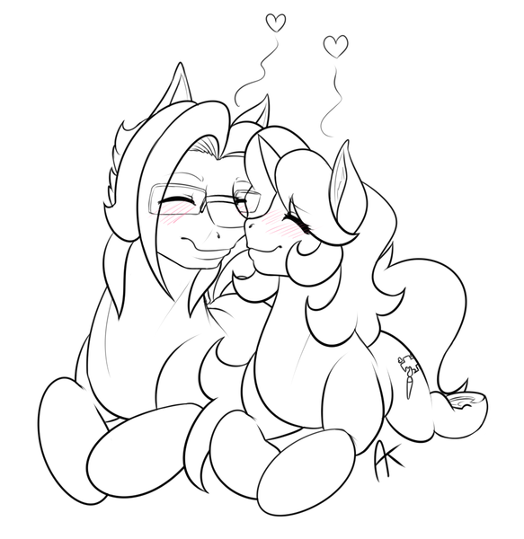 Size: 970x998 | Tagged: safe, artist:appelknekten, derpibooru import, oc, oc:appel, oc:sketchy skylar, unofficial characters only, pony, appelskylar, blushing, female, glasses, heart, male, mare, nuzzling, stallion