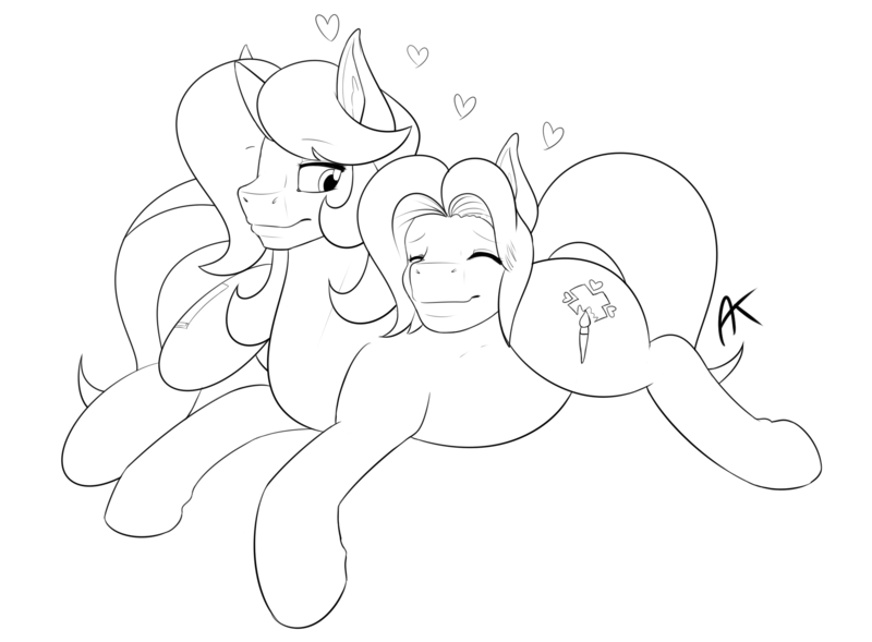 Size: 2005x1477 | Tagged: safe, artist:appelknekten, derpibooru import, oc, oc:appel, oc:sketchy skylar, unofficial characters only, pony, appelskylar, female, heart, male, mare, monochrome, pregnant, snuggling, stallion