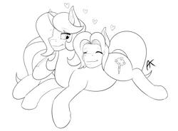 Size: 2005x1477 | Tagged: safe, artist:appelknekten, derpibooru import, oc, oc:appel, oc:sketchy skylar, unofficial characters only, pony, appelskylar, female, heart, male, mare, monochrome, pregnant, snuggling, stallion