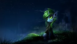 Size: 2568x1478 | Tagged: safe, artist:ramiras, derpibooru import, oc, oc:pitchy black, unofficial characters only, bat pony, bat pony unicorn, pony, castle, clothes, hoodie, night, solo, starsky