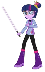 Size: 1874x3000 | Tagged: safe, artist:amante56, derpibooru import, sci-twi, twilight sparkle, equestria girls, 20th century fox, clothes, crossover, disney, element of magic, glasses, jedi, lightsaber, looking at you, lucasfilm, simple background, smiling, solo, star wars, transparent background