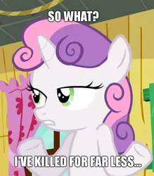 Size: 632x720 | Tagged: safe, derpibooru import, edit, edited screencap, screencap, sweetie belle, pony, unicorn, sleepless in ponyville, cropped, curtains, female, filly, frown, gritted teeth, image macro, impact font, lidded eyes, meme, shrug, so what sweetie, solo, underhoof, window