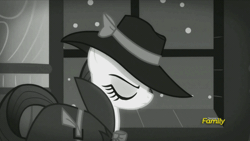 Size: 500x281 | Tagged: animated, clothes, derpibooru import, discovery family, discovery family logo, hat, monochrome, noir, rarity, rarity investigates, safe, screencap, solo, trenchcoat