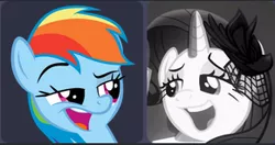 Size: 290x153 | Tagged: safe, derpibooru import, screencap, rainbow dash, rarity, pegasus, pony, unicorn, rarity investigates, 3/4 view, black and white, clothes, color, face, faic, grayscale, hat, juxtaposition, lidded eyes, open mouth, portrait, raised eyebrow, veil