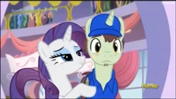 Size: 960x540 | Tagged: blushing, delivery pony, derpibooru import, embarrassed, flirting, flirty, goatee, lidded eyes, package deal, rarity, rarity investigates, safe, screencap, seductive, touch