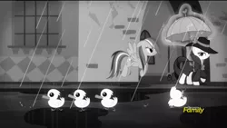 Size: 1920x1080 | Tagged: derpibooru import, duck, duckling, noir, rain, rainbow dash, rarity, rarity investigates, safe, screencap, umbrella, visual gag, wet mane