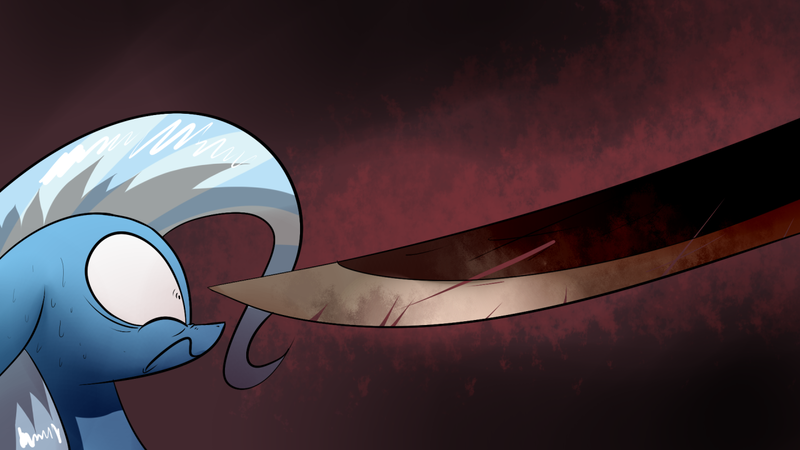 Size: 1280x720 | Tagged: safe, derpibooru import, trixie, pony, unicorn, crossover, female, floppy ears, frown, great knife, konami, mare, nervous, nose wrinkle, offscreen character, pyramid head, scared, silent hill, sweat, sword, wide eyes