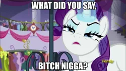 Size: 849x478 | Tagged: bitch, derpibooru import, frown, glare, glowing horn, image macro, magic, meme, nigga, rarity, rarity investigates, reaction image, safe, screencap, solo, the boondocks, vulgar