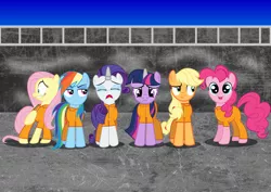 Size: 3596x2550 | Tagged: abuse, applejack, artist:spellboundcanvas, bound wings, clothes, crying, derpibooru import, fluttershy, horn cap, magic suppression, mane six, pinkie pie, prison, prisoner, prisoner rd, prisoner ts, prison outfit, rainbow dash, rarity, safe, smiling, twilight sparkle, twilybuse, unamused, varying degrees of want