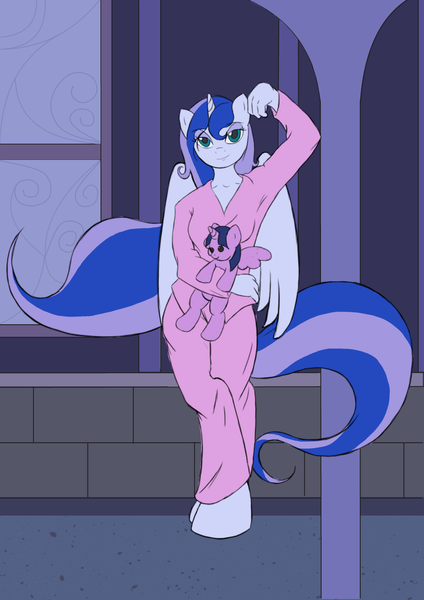 Size: 1280x1810 | Tagged: alicorn, anthro, artist:alixnight, artist:rawiltshire103, clothes, derpibooru import, implied twiluna, pajamas, plushie, princess luna, safe, solo, twilight sparkle, twilight sparkle (alicorn), unguligrade anthro