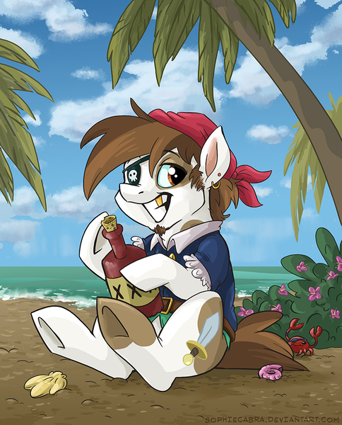 Size: 807x1000 | Tagged: artist:spainfischer, bandana, bottle, cloud, cloudy, crab, dagger, derpibooru import, ear piercing, flower, gold tooth, island, ocean, older, palm tree, patch, piercing, pipsqueak, pirate, safe, sand, seashell, signature, sitting, sky, solo, tree, wave