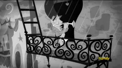 Size: 1920x1080 | Tagged: safe, derpibooru import, screencap, pony, rarity investigates, balcony, black and white, canterlot, dexterous hooves, discovery family logo, grayscale, male, monochrome, musical instrument, noir, playing instrument, rain, solo, stallion, trumpet