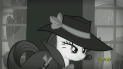 Size: 500x281 | Tagged: animated, clothes, derpibooru import, discovery family, discovery family logo, edit, hat, mirrored, monochrome, no u, open mouth, pointing, rarity, rarity investigates, safe, screencap, wide eyes