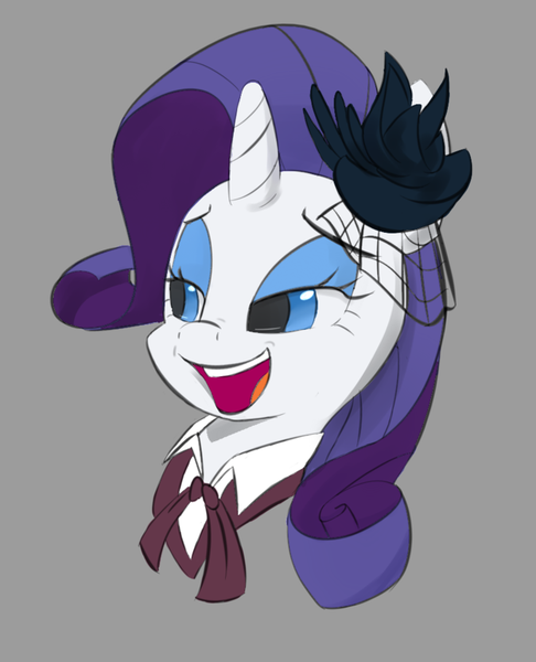 Size: 700x865 | Tagged: artist:browwning, clothes, color, derpibooru import, flower, monochrome to color, open mouth, parody, rarity, rarity investigates, safe, smiling, solo, that was fast