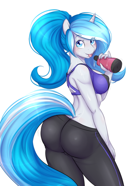 Size: 3000x4000 | Tagged: questionable, artist:askbubblelee, derpibooru import, oc, oc:bubble lee, oc:imago, unofficial characters only, anthro, unicorn, alternate hairstyle, anthro oc, ass, blushing, cameltoe, erect nipples, female, freckles, looking at you, midriff, nipple outline, ponytail, simple background, solo, solo female, sweat, the ass was fat, tongue out, transparent background, water bottle, workout, workout outfit, yoga pants