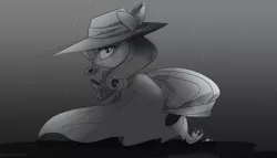 Size: 2000x1143 | Tagged: artist:ncmares, clothes, derpibooru import, detective, looking at you, monochrome, noir, rain, rarity, rarity investigates, safe, solo