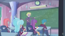 Size: 1366x768 | Tagged: safe, derpibooru import, screencap, carlos thunderbolt, frosty orange, ginger owlseye, melon mint, pepper twist, equestria girls, friendship games, background human, chalkboard, classroom, clothes, crystal prep academy, crystal prep academy students, mrs. shade, school uniform, teacher, what more is out there
