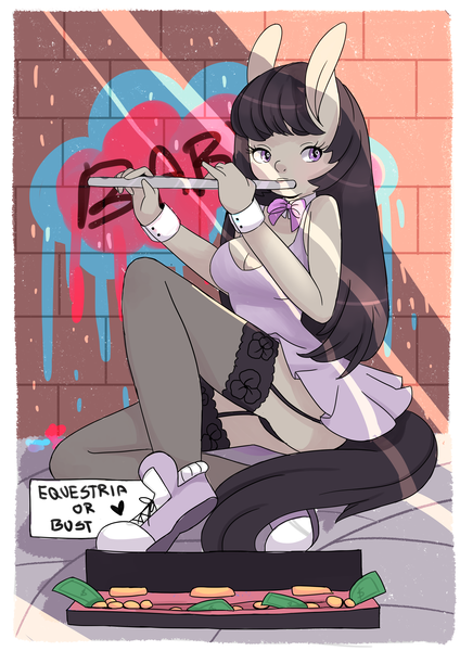 Size: 3720x5262 | Tagged: ambiguous facial structure, anthro, artist:lana-jay, busking, converse, derpibooru import, flute, garters, graffiti, money, musical instrument, octavia melody, shoes, solo, suggestive