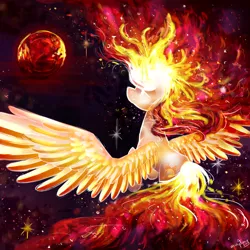 Size: 1024x1024 | Tagged: artist:mapony240, derpibooru import, fire, glowing eyes, mane of fire, princess celestia, safe, solo, space, spread wings, sun