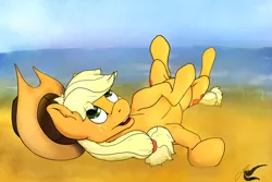 Size: 3600x2400 | Tagged: applejack, artist:sidhenearlahi, beach, both cutie marks, derpibooru import, horses doing horse things, on back, rolling, safe, solo