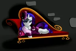 Size: 6000x4000 | Tagged: safe, artist:wilshirewolf, derpibooru import, rarity, pony, unicorn, rarity investigates, absurd resolution, bowtie, clothes, couch, detective, draw me like one of your french girls, dress, fainting couch, female, mare, noir, side, smiling, solo, that was fast