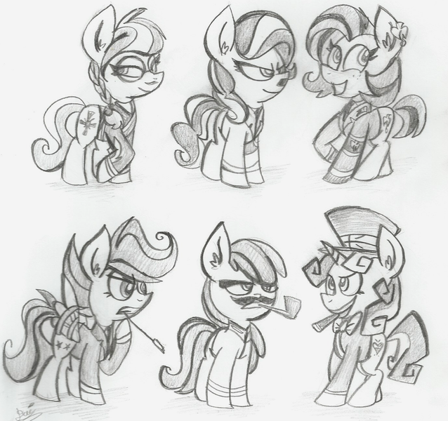 Size: 1380x1298 | Tagged: adolf hitler, allied nations, apple bloom, artist:daisy-dictator, axis powers, babs seed, benito mussolini, cutie mark crusaders, derpibooru import, diamond tiara, franklin roosevelt, grayscale, hideki tojo, josef stalin, monochrome, safe, scootaloo, silver spoon, sweetie belle, traditional art, winston churchill, world war ii