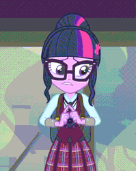 Size: 572x720 | Tagged: safe, derpibooru import, screencap, sci-twi, twilight sparkle, equestria girls, friendship games, adorkable, animated, awkward, clothes, cute, dork, female, glasses, grin, looking at you, magic capture device, smiling, solo, talking, twiabetes