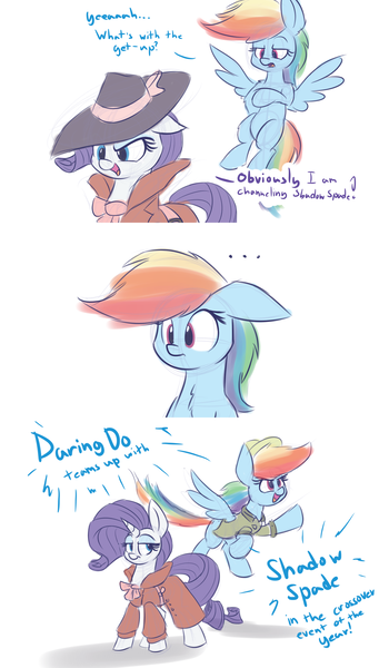 Size: 1400x2400 | Tagged: artist:heir-of-rick, clothes, comic, cosplay, costume, daring do, derpibooru import, floppy ears, hilarious in hindsight, rainbow dash, rarity, rarity investigates, safe, shadow spade, sketch