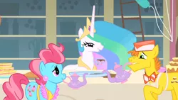 Size: 1280x720 | Tagged: a bird in the hoof, carrot cake, cup cake, derpibooru import, gotcha, princess celestia, safe, screencap, trollestia