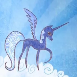 Size: 527x527 | Tagged: safe, derpibooru import, screencap, princess luna, alicorn, pony, friendship is magic, cloud, female, hooves, horn, mare, on a cloud, pointy ponies, raised hoof, s1 luna, solo, spread wings, standing on cloud, storybook, wings