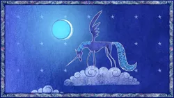 Size: 1280x720 | Tagged: safe, derpibooru import, screencap, princess luna, alicorn, pony, friendship is magic, cloud, crescent moon, female, heart, hooves, horn, mare, moon, night, night sky, on a cloud, s1 luna, sky, solo, spread wings, standing on cloud, stars, storybook, wings