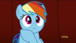 Size: 1920x1080 | Tagged: safe, derpibooru import, screencap, rainbow dash, pegasus, pony, rarity investigates, cute, dashabetes, discovery family logo, female, frown, mare, solo