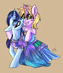 Size: 3568x4104 | Tagged: safe, derpibooru import, moonlight raven, sunshine smiles, pony, unicorn, canterlot boutique, bipedal, clothes, dress, female, mare, over the moon, sisters, tripping the light