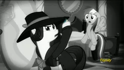 Size: 1920x1080 | Tagged: derpibooru import, discovery family logo, envelope, grayscale, monochrome, rainbow dash, rarity, rarity investigates, safe, screencap, shock